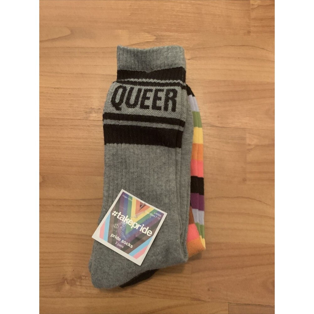 Take Pride Adult Unisex Socks Rainbow Striped & Queer 2 Pairs Size L 7-12